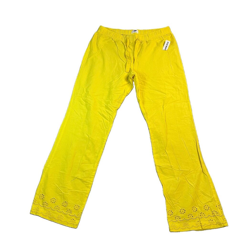 Old Navy Yellow Eyelet Hem Pull On Cotton Pants Sweet Lemon Womens Size M NEW